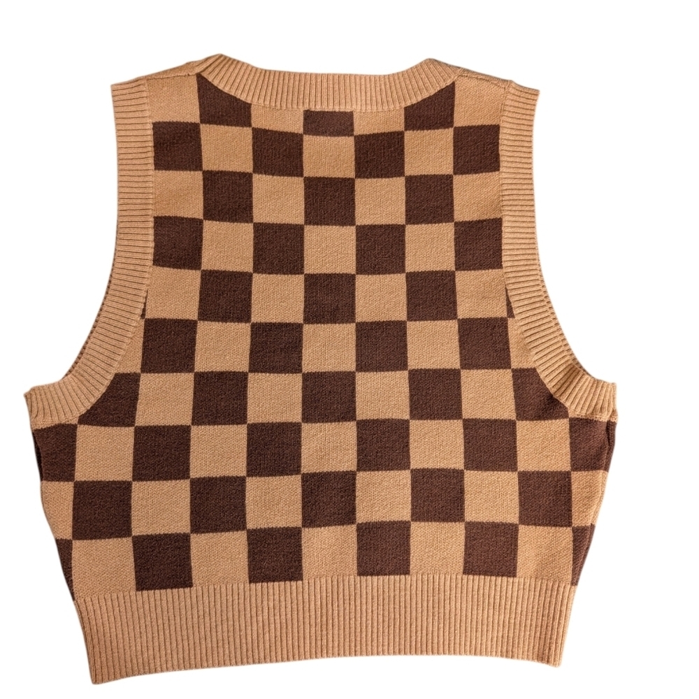 Princess Polly Checkerboard Sweater Vest M/L | Brown Tan Knit Crop Top | Y2K - Picture 4 of 9